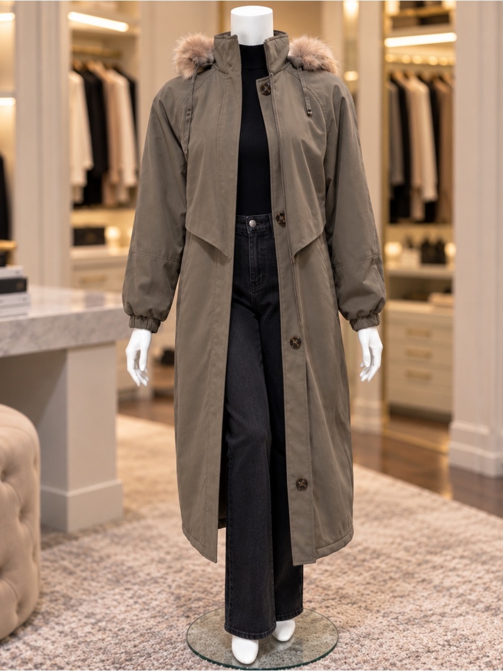 Fleet Street Taupe Gray Full Length Faux Fur Hooded Coat Oversized Fit